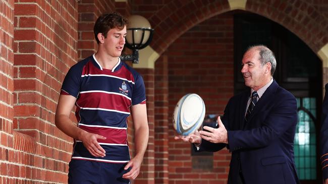 Students Michael van der Schyff (left) and TSS headmaster Greg Wain Photograph: Jason O'Brien