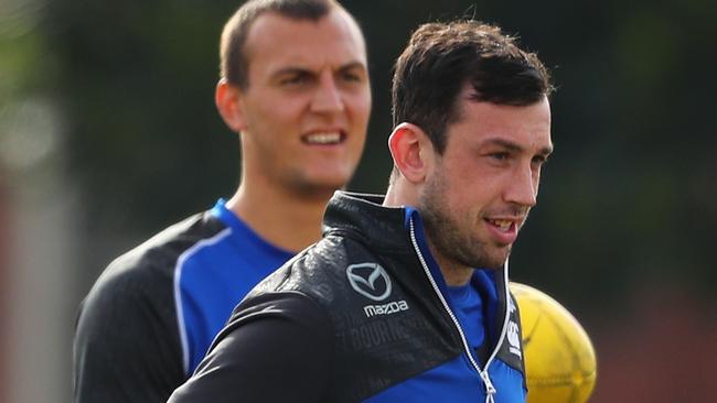 Todd Goldstein and Braydon Preuss at North Melbourne training. Picture: Getty