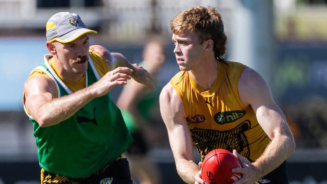 Tom Brown (right) has settled into Richmond’s backline. Picture: Jason Edwards