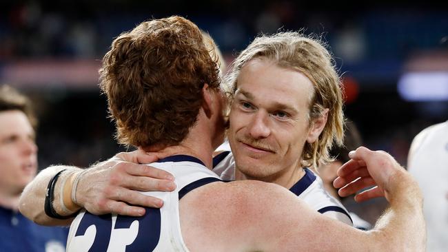 Gary Rohan and Tom Stewart is the captain of Geelong’s backline and that is the Cats’ strength. Picture: Getty Images