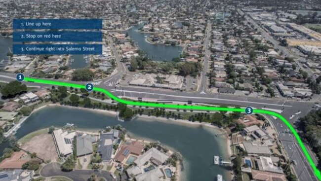 The continuous flow intersection designed to alleviate traffic congestion at the Bundall Rd bottleneck at the Isle of Capri. Picture: Department of Transport and Main Roads