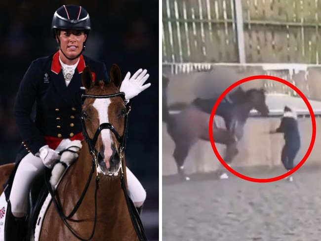 Olympian Charlotte Dujardin competing and whipping the horse. Photos: AFP/X