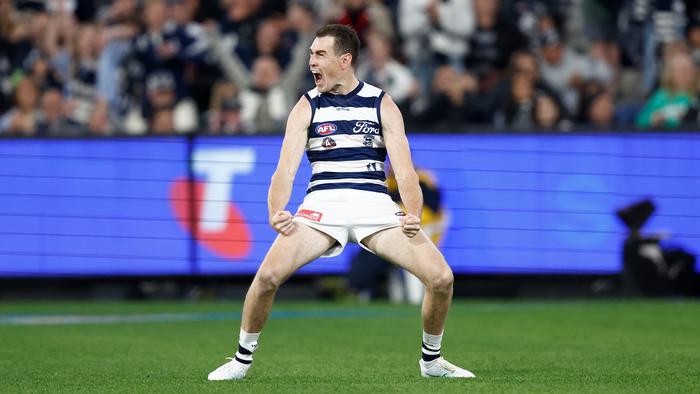 MELBOURNE, AUSTRALIA - APRIL 27: Jeremy Cameron of the Cats celebrates a goal during the 2024 AFL Round 07 match between the Geelong Cats and the Carlton Blues at the Melbourne Cricket Ground on April 27, 2024 in Melbourne, Australia. (Photo by Michael Willson/AFL Photos via Getty Images)