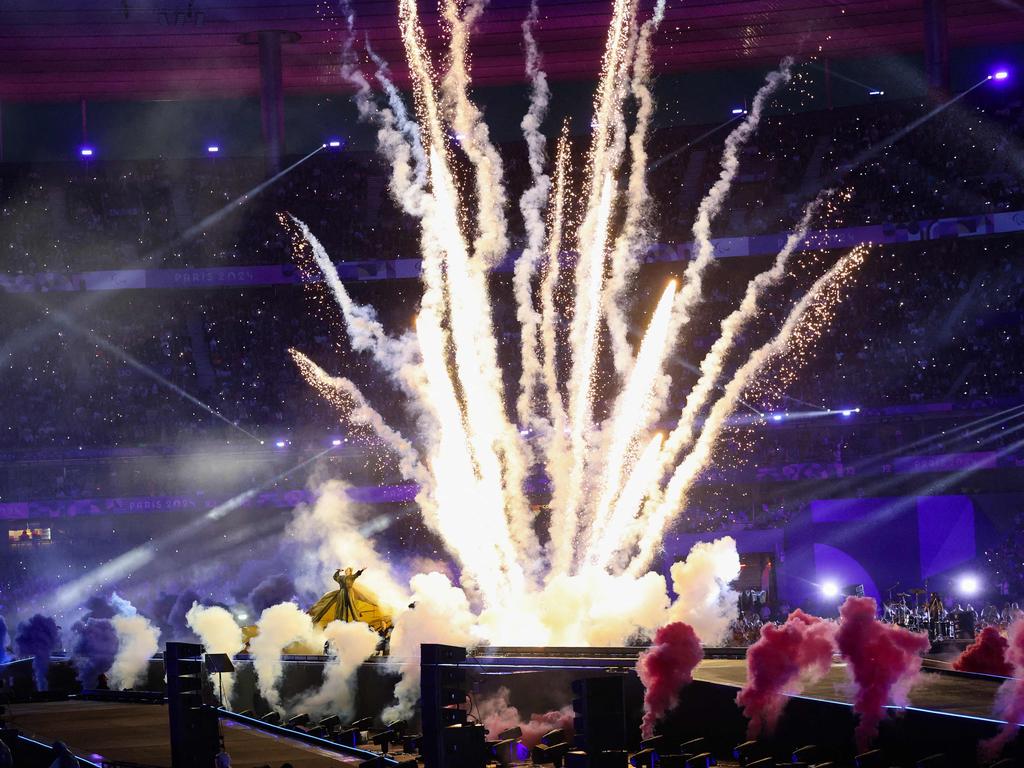 The closing ceremony was full of dramatic special effects, as seen during French singer Santa’s performance. Picture: Geoffroy Van Der Hasselt/AFP