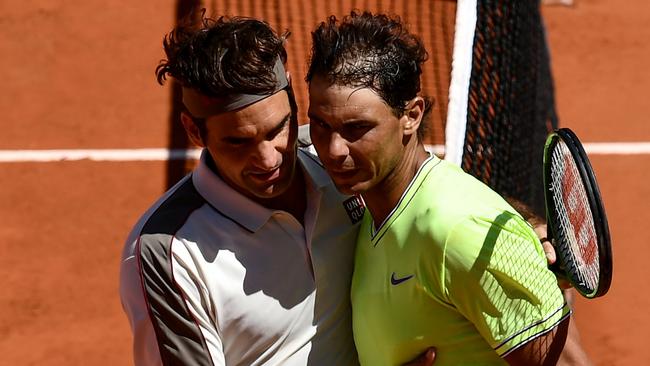 Nadal hugs Roger Federer after winning their semi-final at Roland Garros in 2019. Picture: AFP