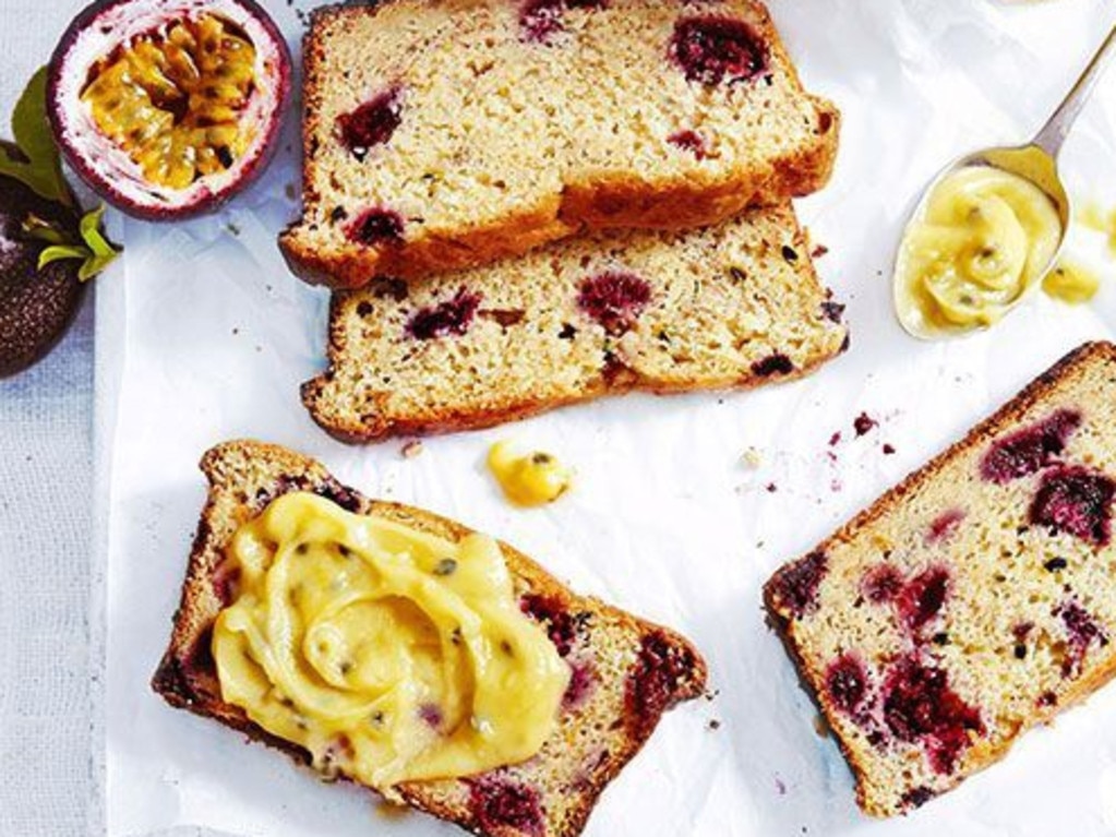 Passionfruit and raspberry banana bread.