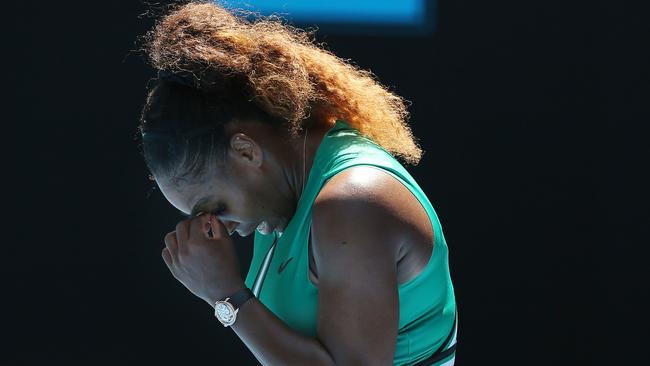 Serena Williams reacts during her horror Australian Open loss. Picture: Michael Klein