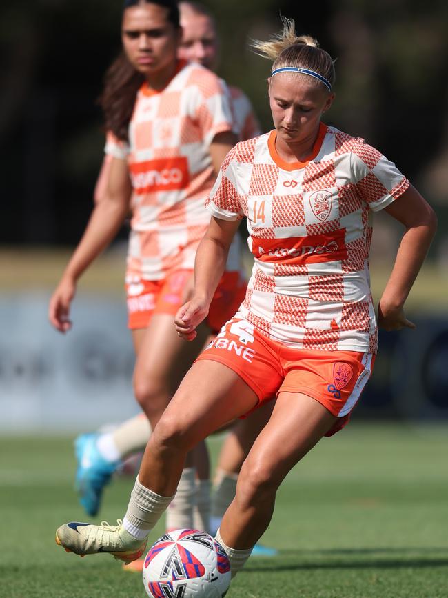 Zara Kruger of the Roar warming up prior to play during the round seven A-League Women's match between Newcastle Jets and Brisbane Roar at No. 2 Sports Ground, on December 21, 2024, in Newcastle, Australia. (Photo by Scott Gardiner/Getty Images)