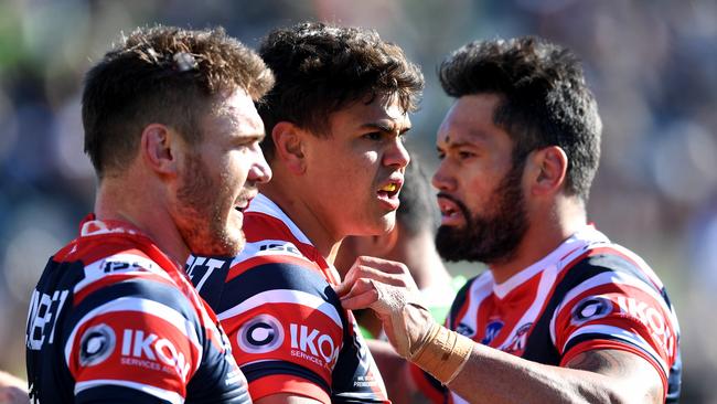 Latrell Mitchell celebrates after scoring a try for the Roosters. Picture: AAP