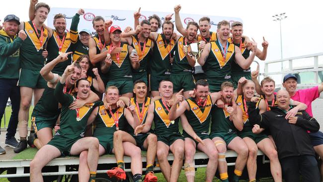 The Mudlarks celebrate their drought-breaking GSFL premiership. Picture: Dos Photography