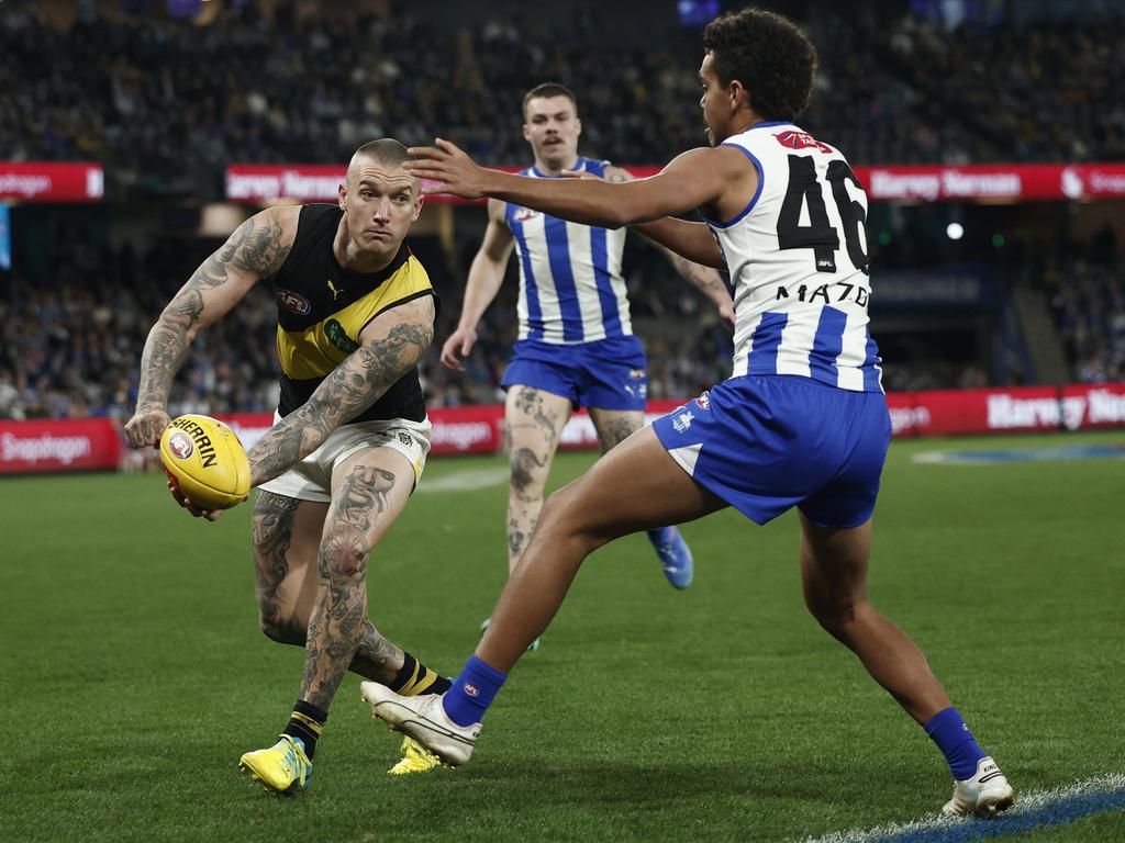 Dustin Martin finished with 16 disposals and two behinds in the loss to North Melbourne. Picture: Daniel Pockett/Getty Images)