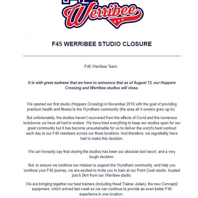 The notice that Melbourne’s Werribee and Hoppers Crossing studios were shutting down.