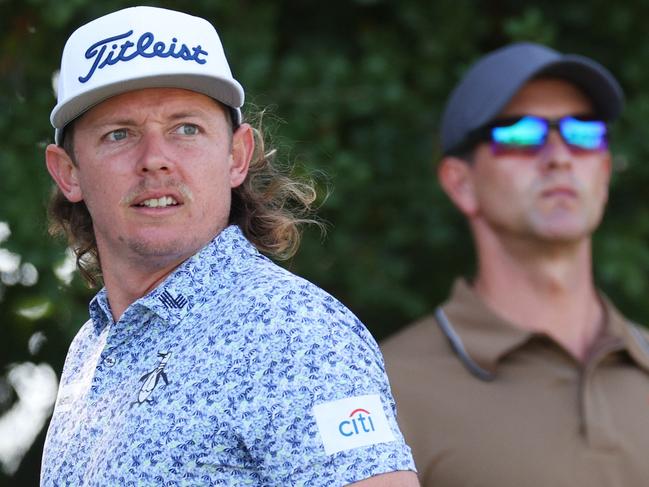 LOS ANGELES, CALIFORNIA - JUNE 13: Cameron Smith of Australia and Adam Scott of Australia look on during a practice round prior to the 123rd U.S. Open Championship at The Los Angeles Country Club on June 13, 2023 in Los Angeles, California.   Andrew Redington/Getty Images/AFP (Photo by Andrew Redington / GETTY IMAGES NORTH AMERICA / Getty Images via AFP)