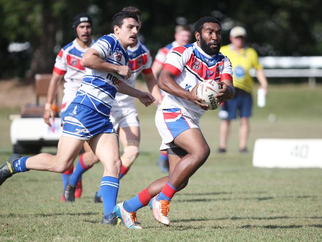 Ivanhoes' Alphonse Bulkua makes a line break in the Cairns District Rugby League (CDRL) Round 16 match between the Ivanhoe Knights and Cairns Brothers, held at the Smithfield Sporting Complex. Picture: Brendan Radke