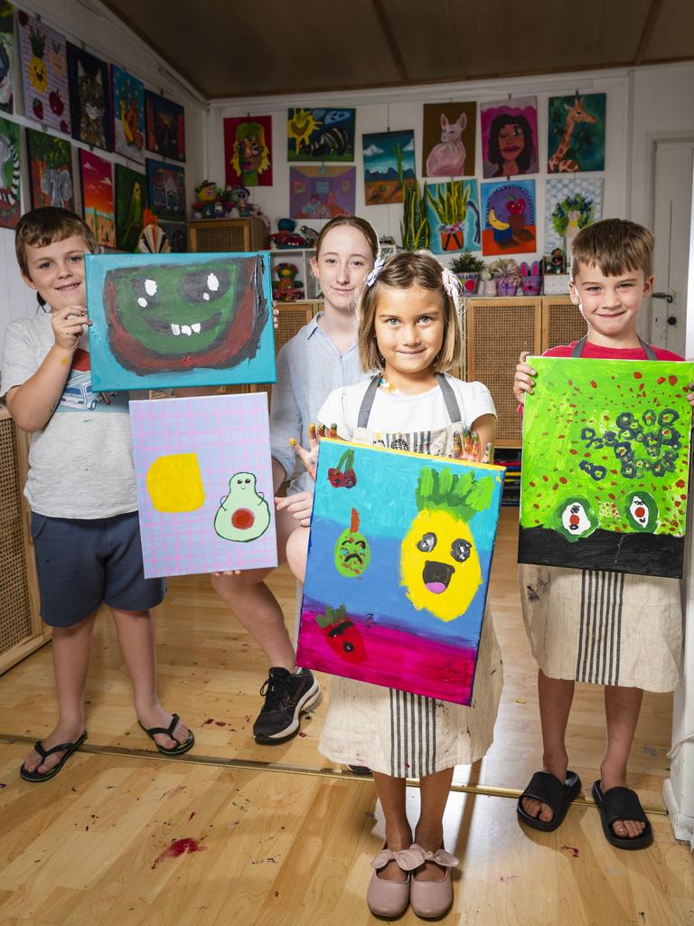 Showing their work are (from left) Traeger Avery, Abby Wilson, Skye Middleton-Kailola and Alfie Benventi after holiday kids workshops at Tinker. Picture: Kevin Farmer