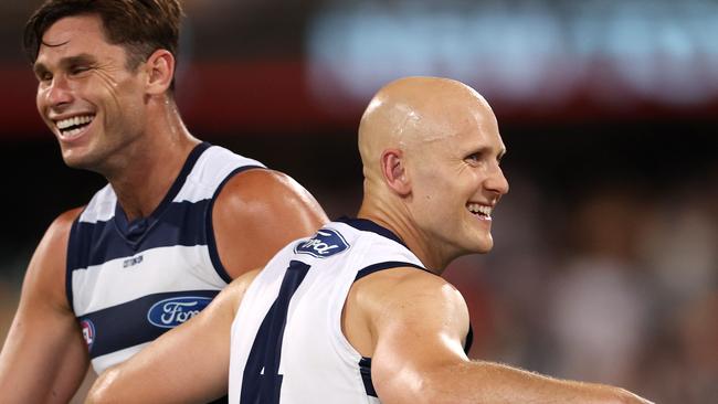 AFL. 1st Semi Final . 10/10/2020.  Geelong vs Collingwood at the Gabba, Brisbane.   A happy Gary Ablett, Tom Hawkins oand Gary Rohan of the Cats  after the final siren    . Pic: Michael Klein