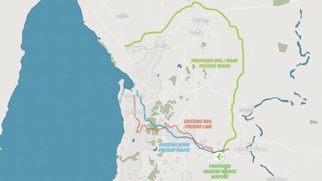 The proposed freight route from north of Port Adelaide to the airport near Monarto.