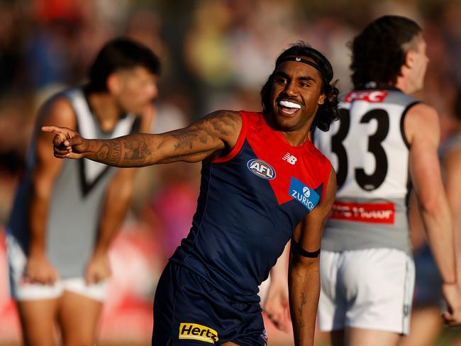 Melbourne’s Kysaiah Pickett celebrates a goal against Port Adelaide at Traeger Park in 2022. Picture: Michael Willson/AFL Photos via Getty Images.