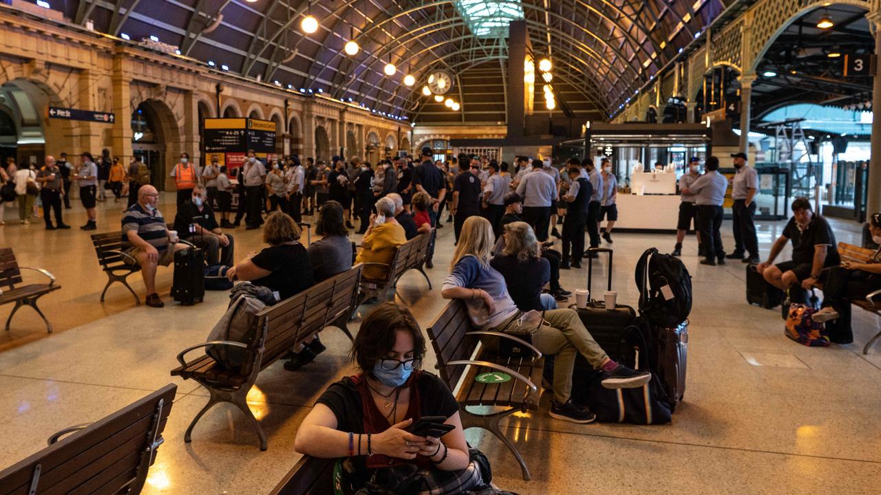 Commuters linger at Central Station during the train strikes in February. Picture: NCA NewsWire / Flavio Brancaleone