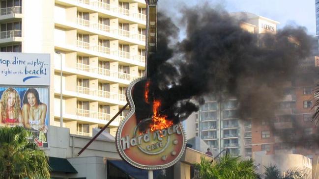 NOVEMBER 11, 2004: The Hard Rock Cafe guitar on fire in Surfers Paradise.