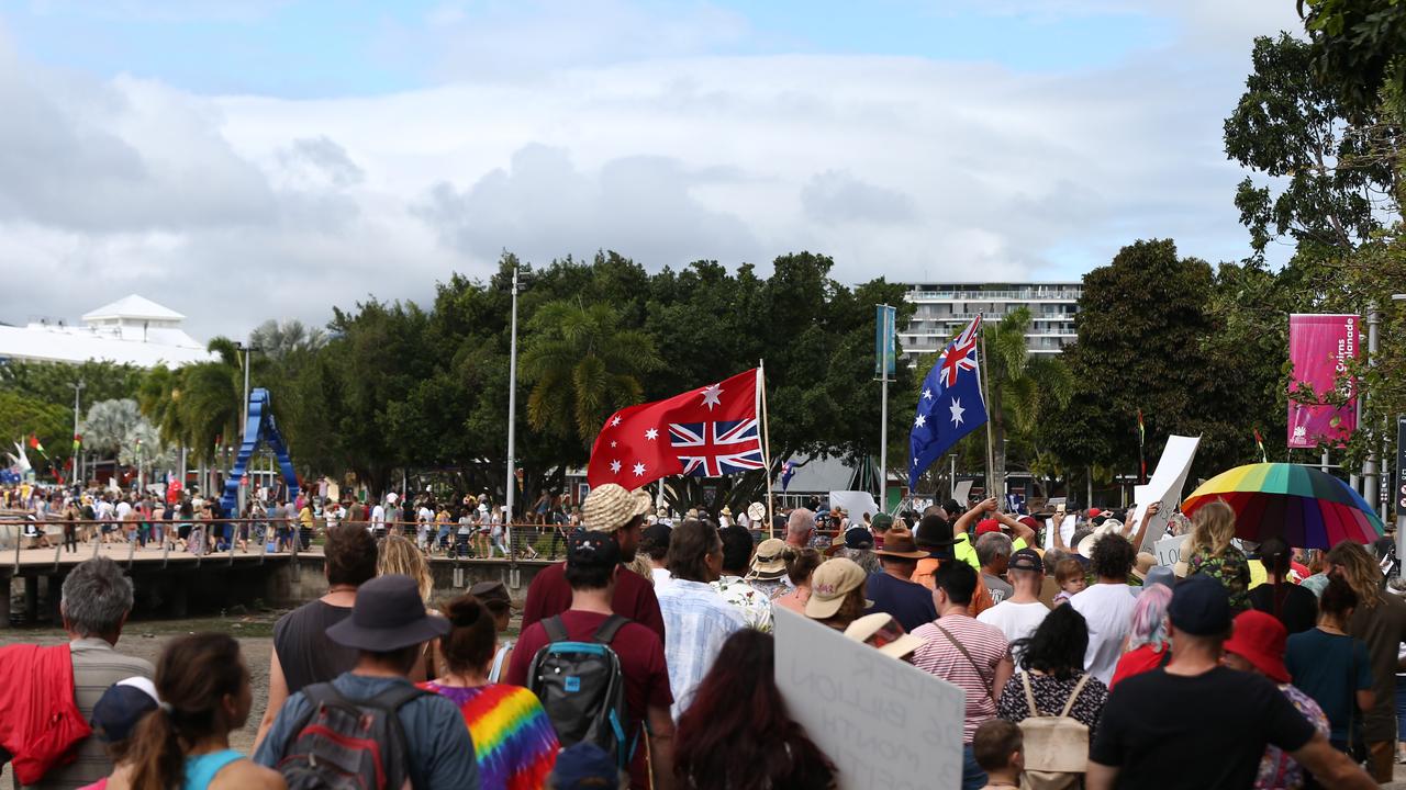 Hundreds of Far North Queensland residents attended the Freedom Rally held noth of Muddy's Playground, before marching down the Cairns Esplanade. PICTURE: Brendan Radke