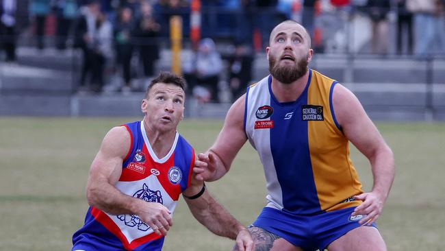 Brent Harvey contests the ruck against Pat Flynn. Picture: George Salpigtidis