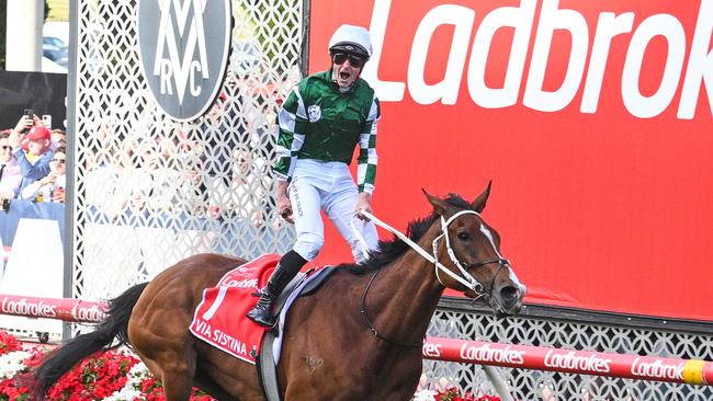 MELBOURNE, AUSTRALIA - OCTOBER 26: James McDonald riding Via Sistina winning Race 9, the Ladbrokes Cox Plate - Betting Odds during Cox Plate Day at Moonee Valley Racecourse on October 26, 2024 in Melbourne, Australia. (Photo by Vince Caligiuri/Getty Images)