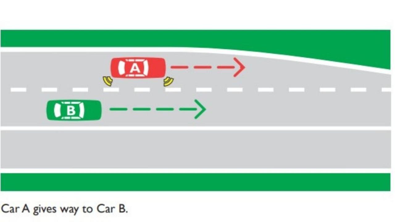 In this situation, the vehicle travelling in the lane coming to an end would be required to give way. Picture: NSW Government.