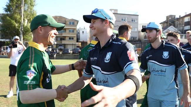 David Warner and Steve Smith after playing against each other in Sydney Grade cricket. Picture: Getty