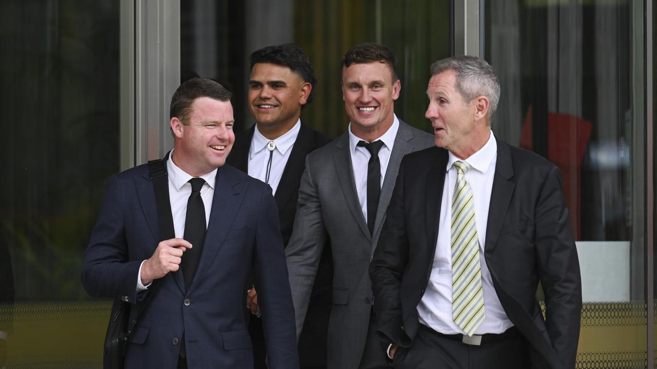 South Sydney star Latrell Mitchell and Raiders player Jack Wighton were supported in court by the club’s chief executives Blake Solly and Don Furner. Picture: NCA NewsWire / Martin Ollman