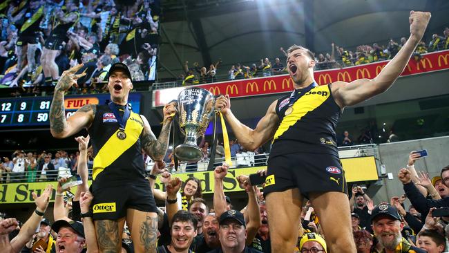 Dustin Martin and Noah Balta celebrate after the Grand Final.