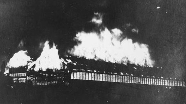 Millaquin Distillery fire, 1936. Another view of the catastrophic blaze at the distillery. Source: John Oxley Library, State Library of Queensland