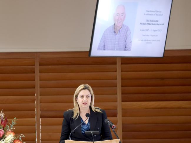 Annastacia Palaszczuk speaking at the State Funeral Service for Mike Ahern. Photo Steve Pohlner