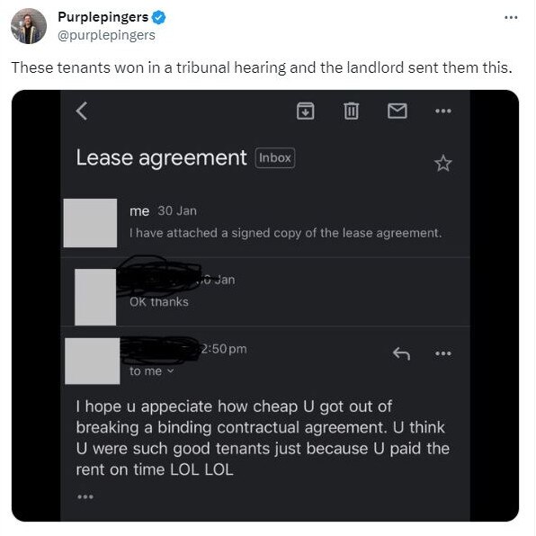 The X post shows the disrespectful attitude landlords have towards tenants, which has become common. Picture: X