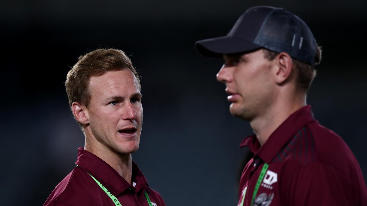 GOSFORD, AUSTRALIA - FEBRUARY 10: Daly Cherry-Evans talks to Tom Trbojevic of the Sea Eagles following the South Sydney Rabbitohs and the Manly Sea Eagles at Industree Group Stadium on February 10, 2023 in Gosford, Australia. (Photo by Jason McCawley/Getty Images)