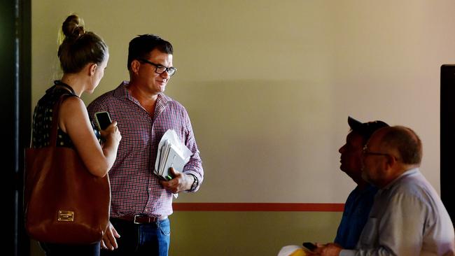 Minister for Primary Industry and Resources Ken Vowles chats during a break at Tuesday's talks. Picture: Justin Kennedy