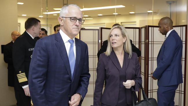 Malcolm Turnbull walks with Kirstjen Nielsen at CSIS, in Washington D.C, in 2018.