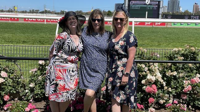 Rachael, Jenny and Deirdre at the 2024 Crown Oaks Day, held at Flemington Racecourse. Picture: Gemma Scerri