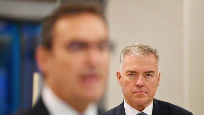 South Australian Health Minister Stephen Wade looks on as South Australian Premier Steven Marshall speaks to the media at the Royal Adelaide Hospital.