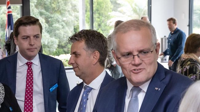 (From left) Paul Ell, Andrew Constance and then-PM Scott Morrison during the 2022 election campaign. Picture: Jason Edwards