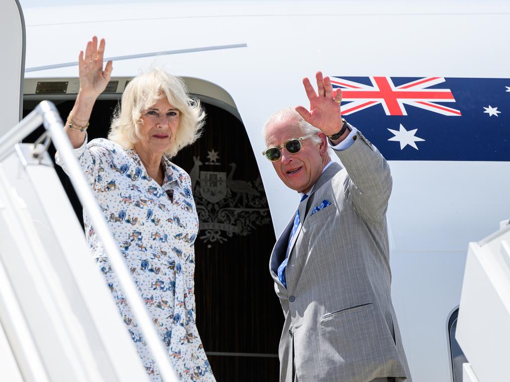 King Charles III and Queen Camilla waved goodbye at Sydney Airport on Wednesday. Picture: AAP Image/Bianca De Marchi/POOL.