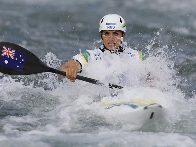 Olympian Jess Fox hits the finish line in the 2024 Paris Olympics K1 slalom final - and wins the gold. Picture: Michael Klein