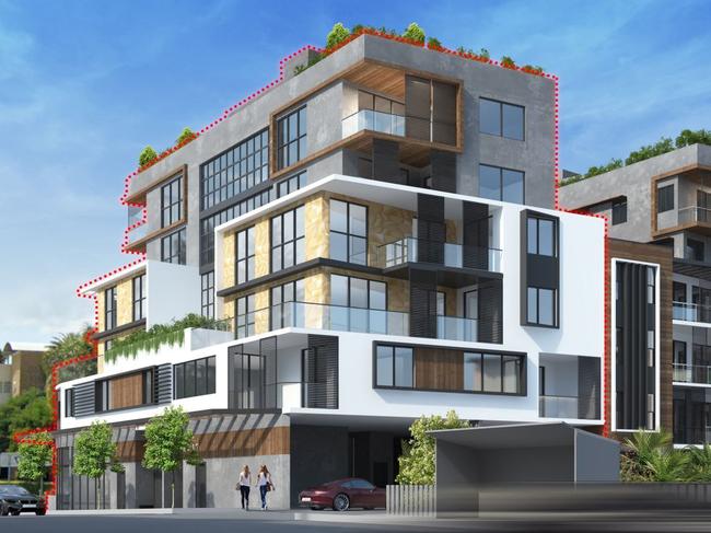 Artist's impression of the six-storey shop top housing block (in red) as viewed from Torrens Ave looking north east. (Supplied image)