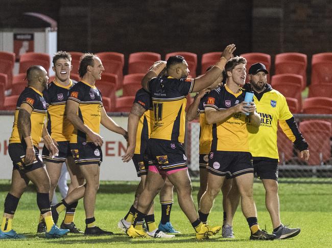 Gatton celebrate a try against Valleys. Picture: Kevin Farmer.