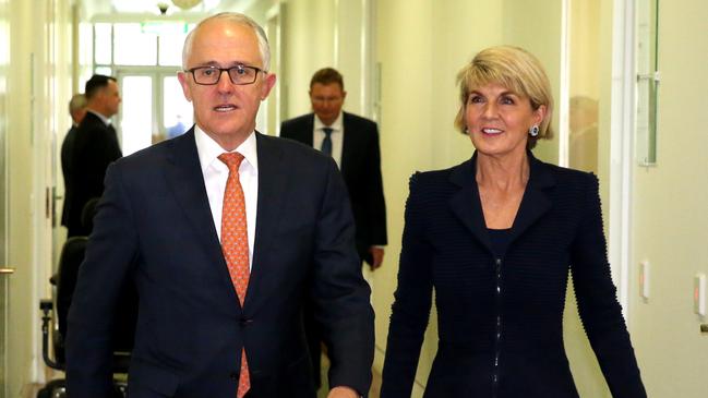 Malcolm Turnbull and Julie Bishop leave the party room after the party room vote on August 24, 2018. Picture: Ray Strange.