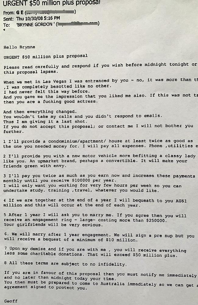 The '$50 million plus proposal' email Brynne allegedly received from Edelsten two weeks after the couple met on a blind date. Picture: Supplied