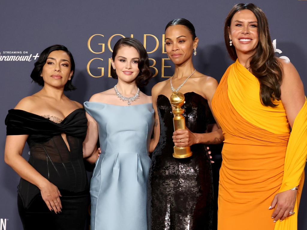 Gascón with her Emilia Perez co-stars (from left to right): Adriana Paz, Selena Gomez and Zoe Saldana at the Golden Globes on January 5. Picture: Amy Sussman/Getty Images