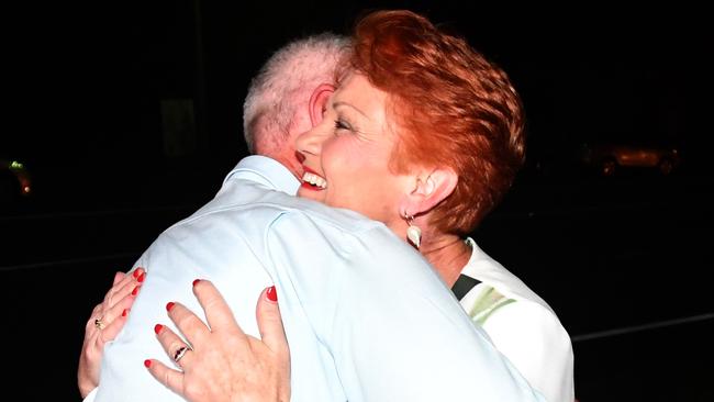 One Nation federal leader Pauline Hanson embraces state leader Steve Dickson. Picture: Mick Tsikas/AAP