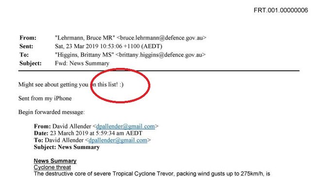 The smiley face email Bruce Lehrmann sent to Brittany Higgins in March 2019. Picture: Supplied