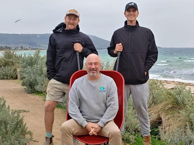 Sam and Ben Childs (from left) will push a wheelbarrow 100km in 25 hours across the Mornington Peninusla to raise money for Mick Simmon's (bloke in barrow) charity Mental Health Safety Net. Picture: supplied